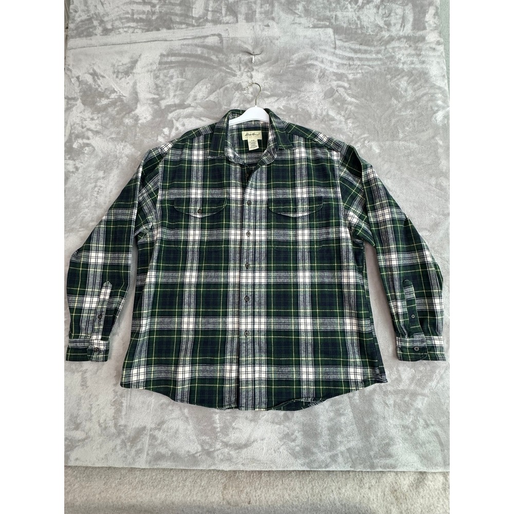 Eddie Bauer Plaid Flannel Shirt Long Sleeve Green White Men's XL Cotton‎